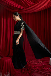 Reyna Glazed Pleated Skirt Saree with Gara Puff Sleeve Blouse and Belt - Black