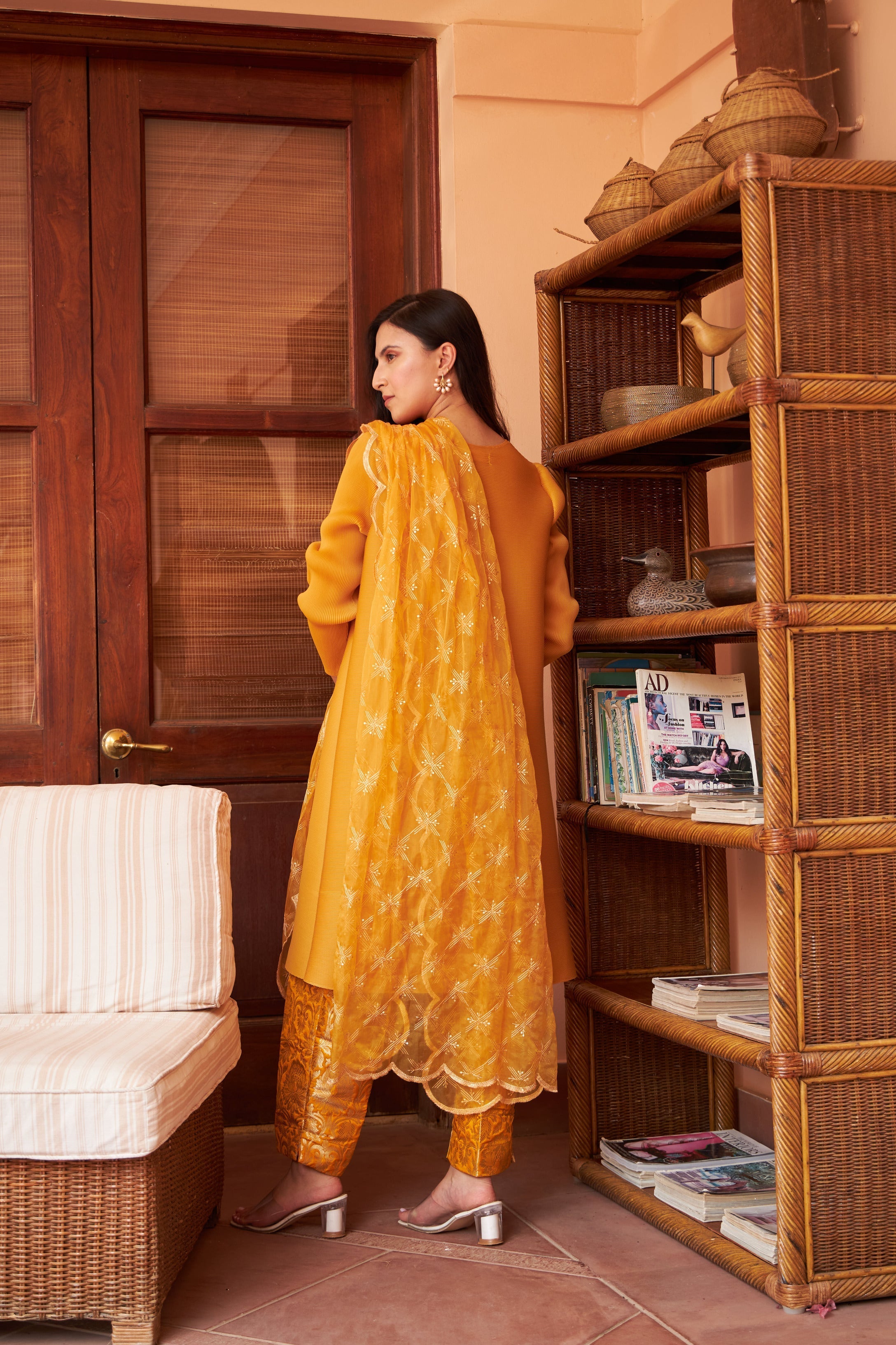 Elegant Pleated &amp; Brocade Tunic Set with Dupatta and Potli- Yellow