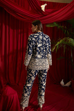 Load image into Gallery viewer, Reyna Gara Glazed Potli Button Jacket With Coordinated Pants- Navy Blue