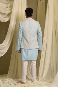 PLEATED STRIPE KURTA SET WITH CHIKANKARI EMBROIDERED JACKET - BLUE