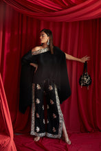 Load image into Gallery viewer, Reyna Gara Glazed Embroidered Pleated Cape Coordinated with Slit Pants - Black