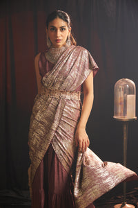 Magnificent Metallic Gown Saree with Belt - Wine