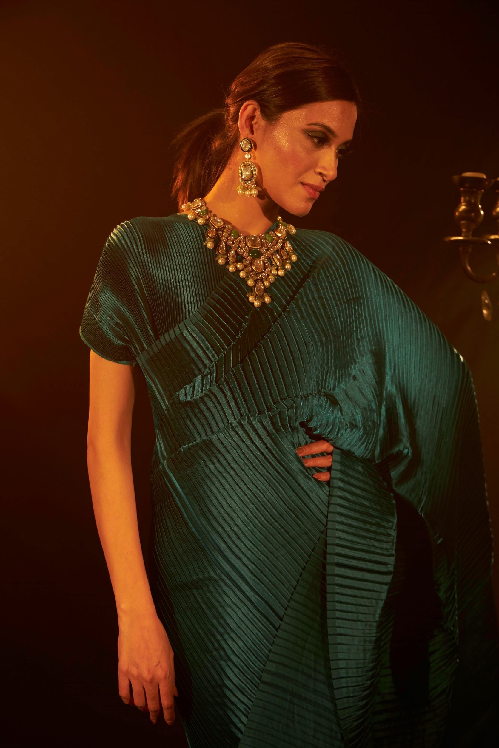 Buy Latest Designer Pleated Gown Saree &amp; Belt in Teal Color at India&#39;s largest Fashion Brand for Women Online. Explore Collection of Sarees at Tasuvure thumbnail