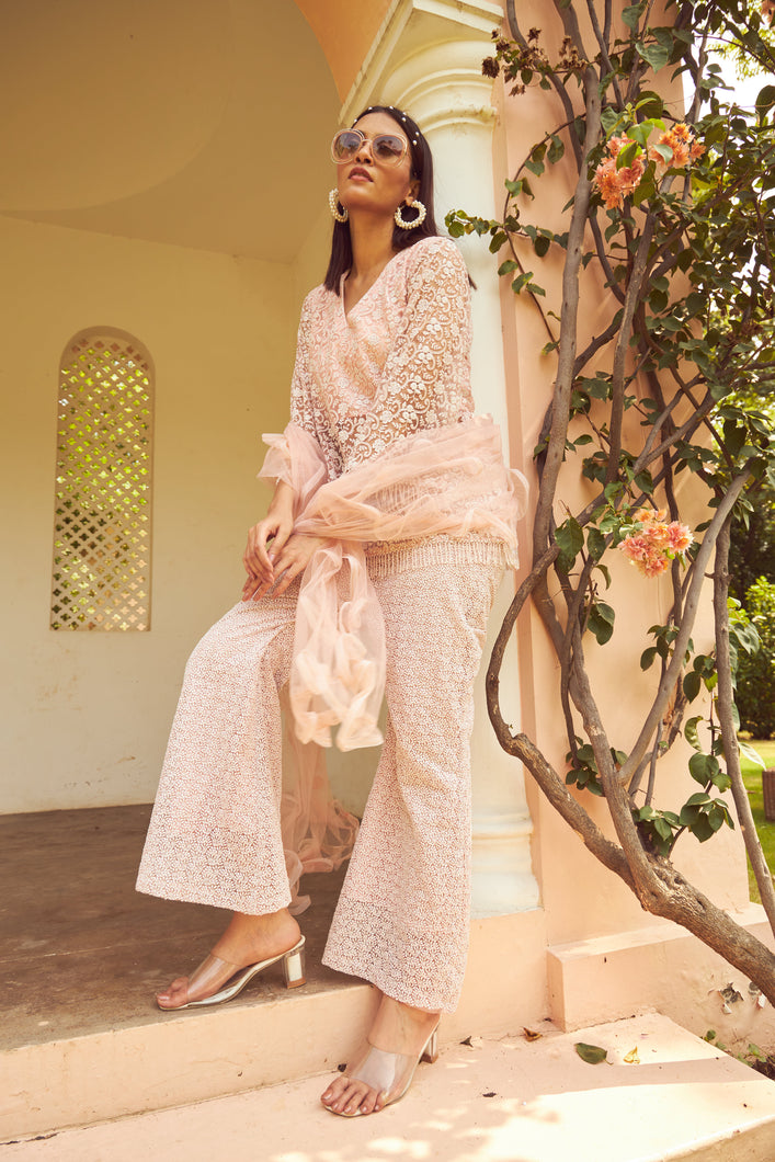 Exquisite Embroidered Lace Kurta With Sharara Pants - Blush