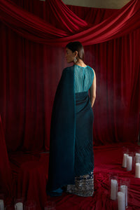 Reyna Gara Glazed Classy Pleated Gown Saree with Belt - Shades of Teal