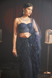 Charmaine Sequins Drape Saree with Corset Blouse - Midnight Blue