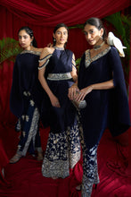 Load image into Gallery viewer, Reyna Gara Glazed Embroidered Pleated V- Neck Cape Coordinated with Straight Pants - Navy Blue