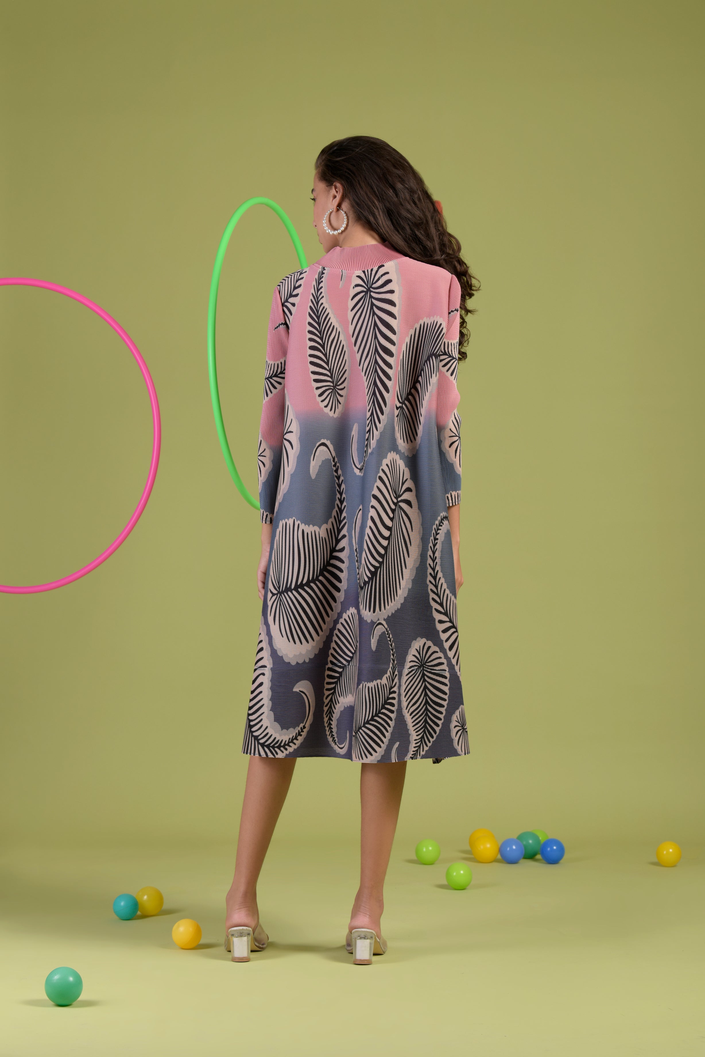 Hazel High Neck Leafy Dress - Pink
