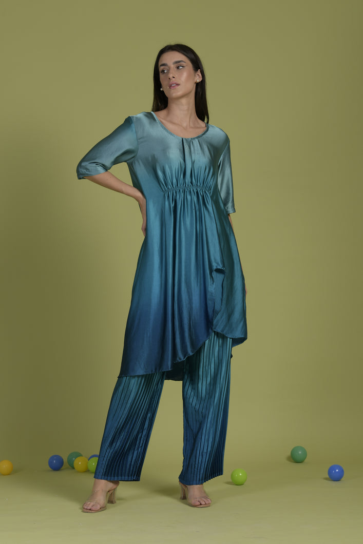 Siciley Satin Silk Cinched In Dress with Ombré Pleated Pants - Tiffany Blue