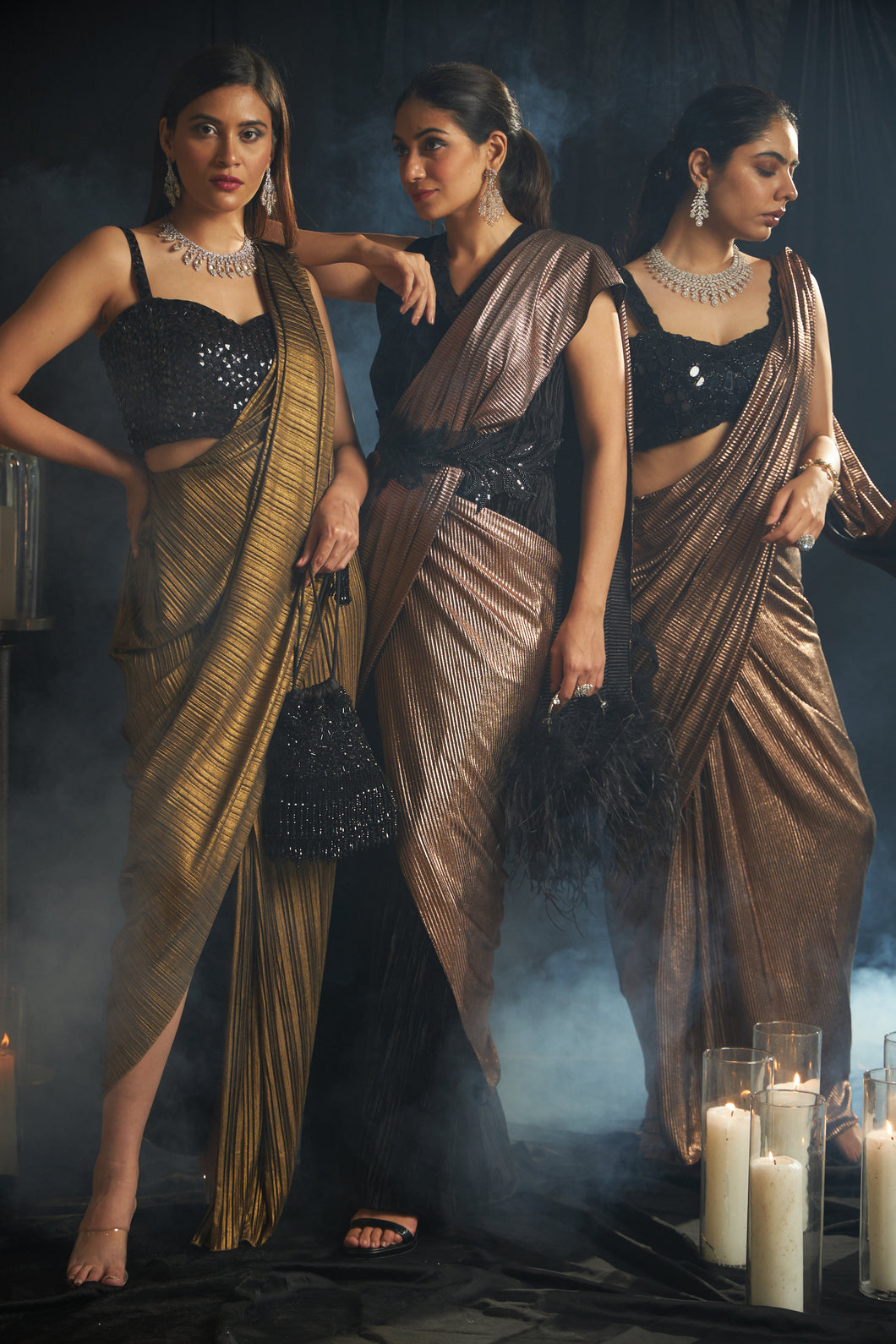 Saia Metallic Slit Saree with Crystal Blouse - Gun Metal Gold