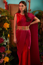 Load image into Gallery viewer, Classy Pleated Colorblock Gown Saree with Belt - Chilli Red Gown with Magenta Drape