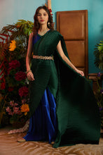 Load image into Gallery viewer, Classy Pleated Colorblock Gown Saree - Electric Blue Gown with Emerald Green Drape