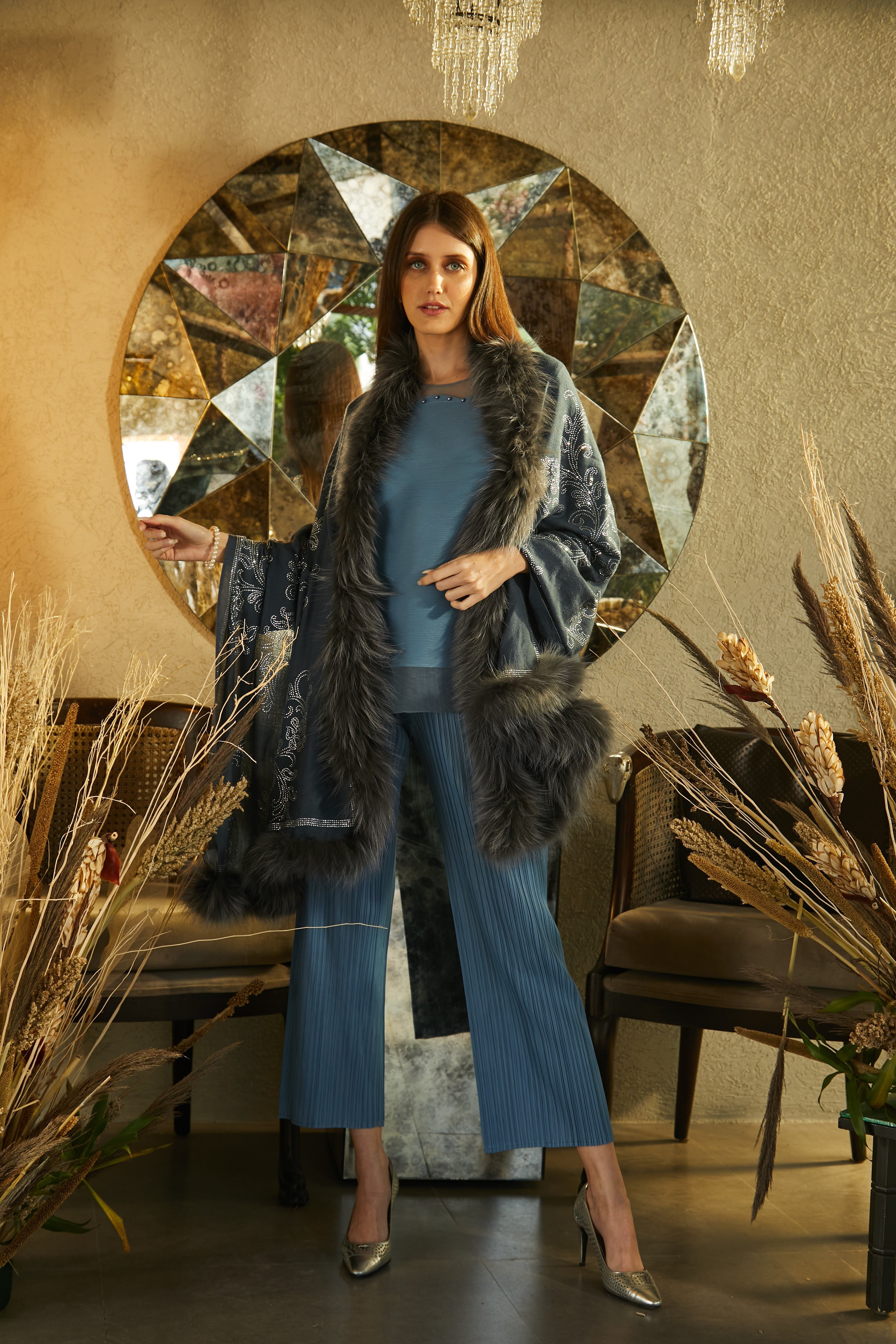 Statement Swarovski Fur Stole - Blue Jaal