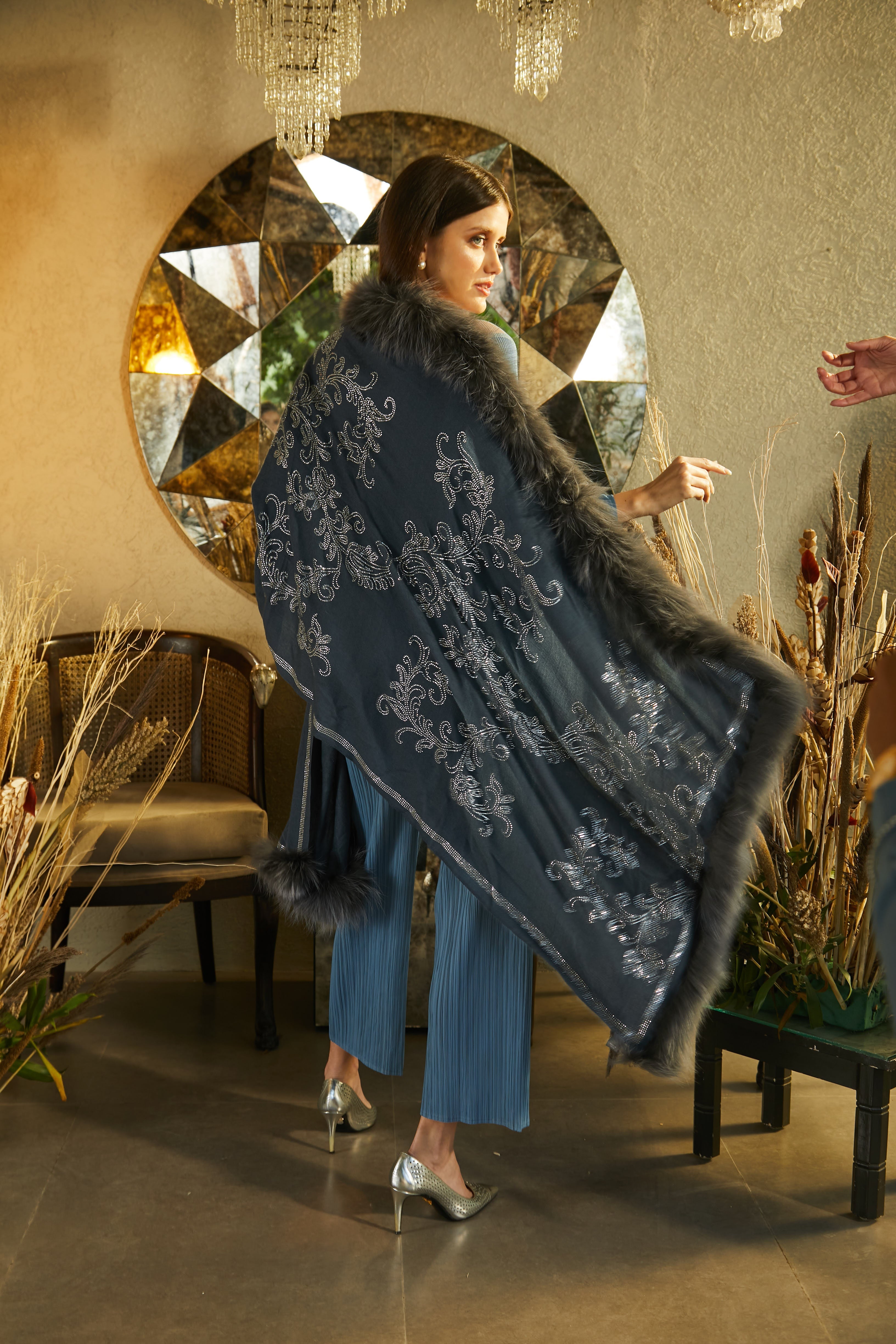 Statement Swarovski Fur Stole - Lapis Jaal