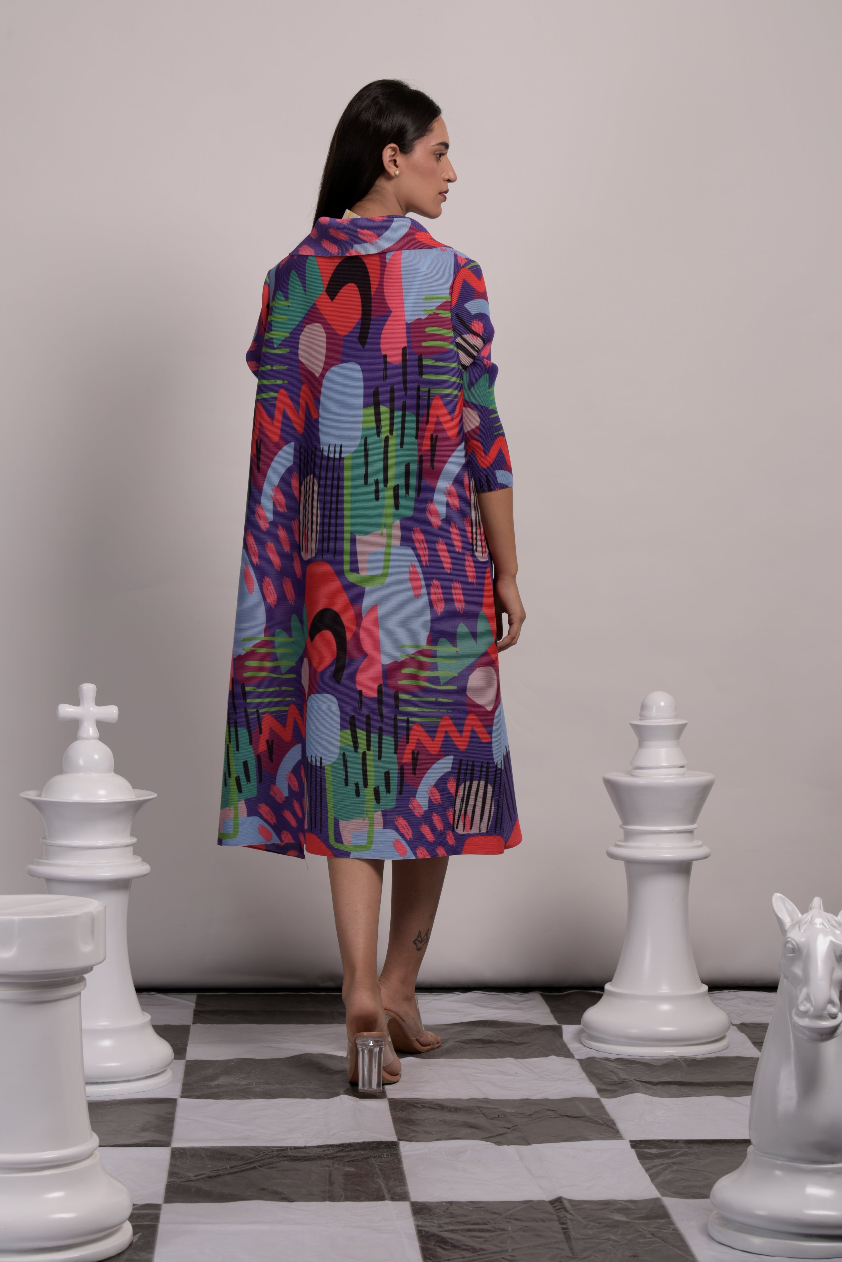 Button Up Collared  Shirt Dress - Splashy Purple
