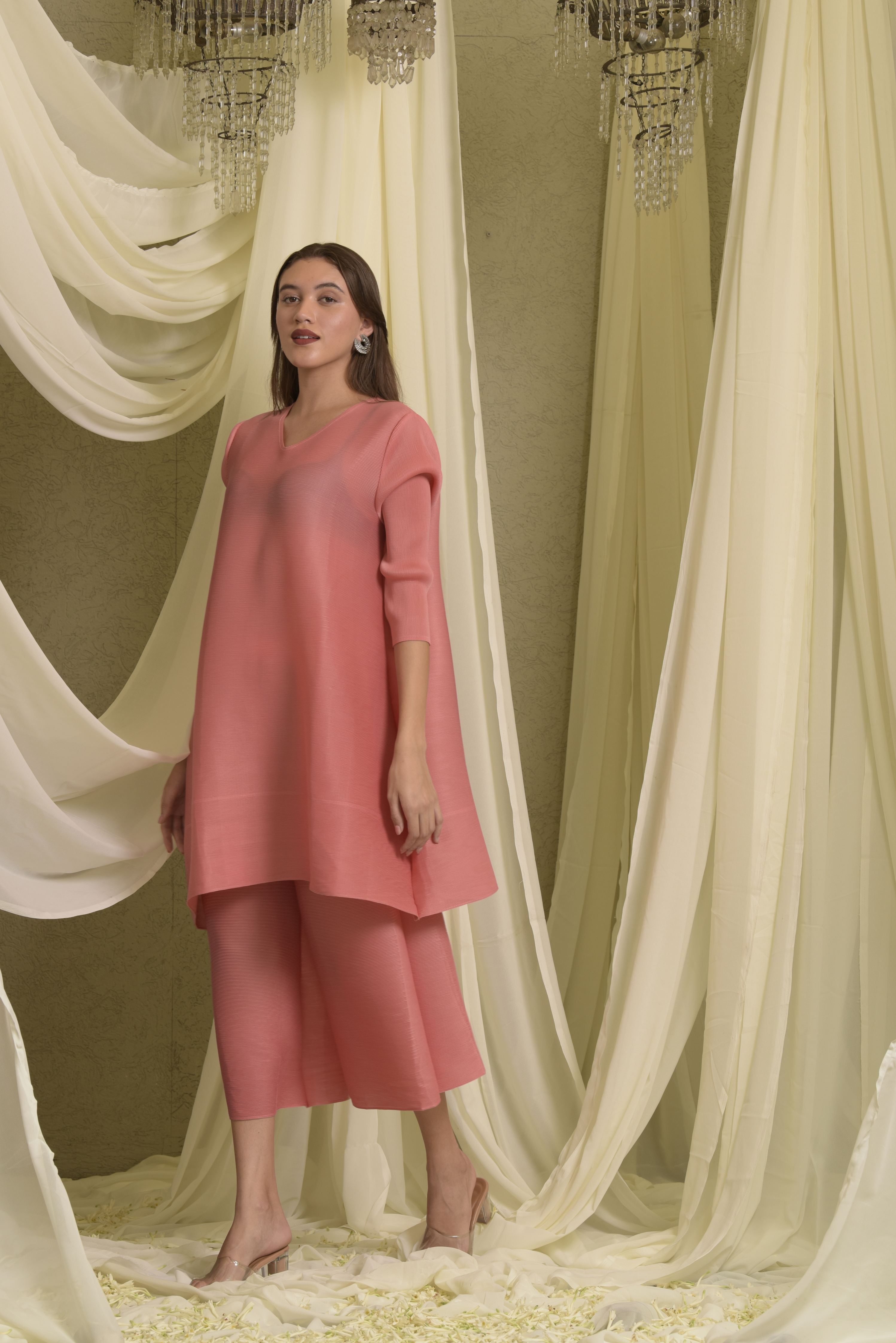 Kiara Kurta with Pleated Culottes Pants - Peach