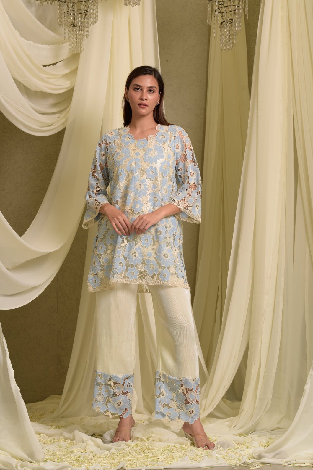 Myra Mesh Floral Pastel Kurta with Pleated Pants - Pastel Blue