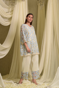 Myra Mesh Floral Pastel Kurta with Pleated Pants - Pastel Blue