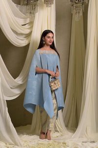 Divine Embroidered Cape With Brocade Pants - Powder Blue