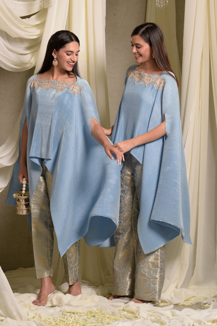 Divine Embroidered Cape With Brocade Pants - Powder Blue