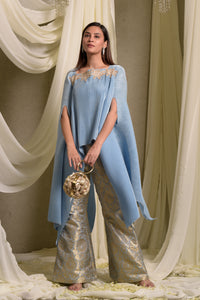 Divine Embroidered Cape With Brocade Palazzo Pants - Powder Blue