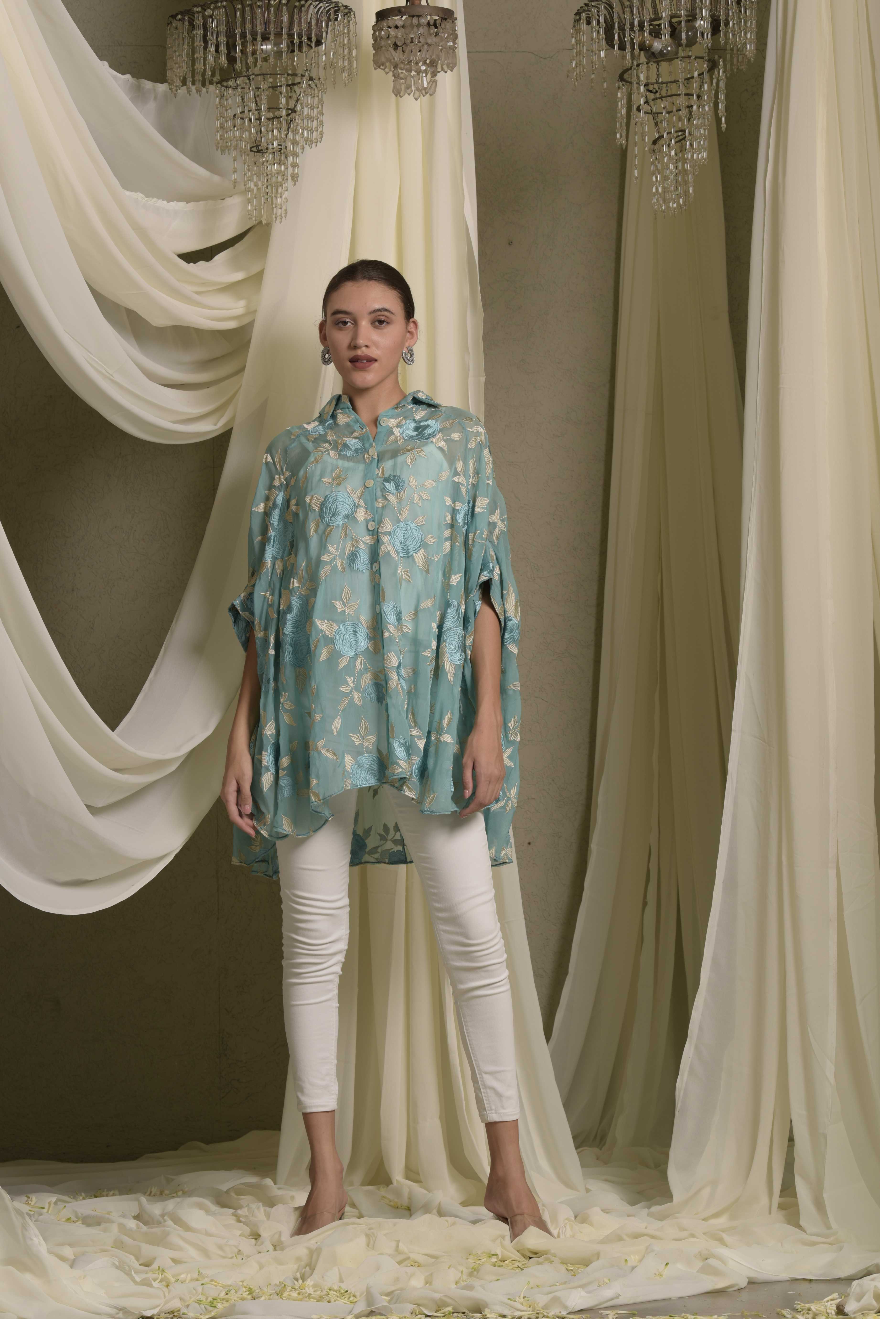 Elahe Embroidered Rose Shirt - Aqua