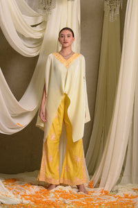 Reyna Gara Glazed Embroidered Pleated V- Neck Cape Coordinated with Straight Pants - Yellow