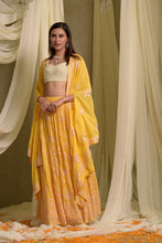 Load image into Gallery viewer, Reyna Gara Glazed Ghagra with Pearl Blouse and Dupatta- Yellow