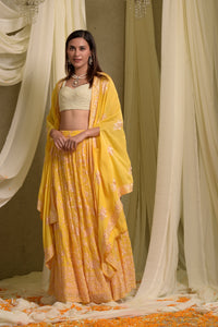 Reyna Gara Glazed Ghagra with Pearl Blouse and Dupatta- Yellow