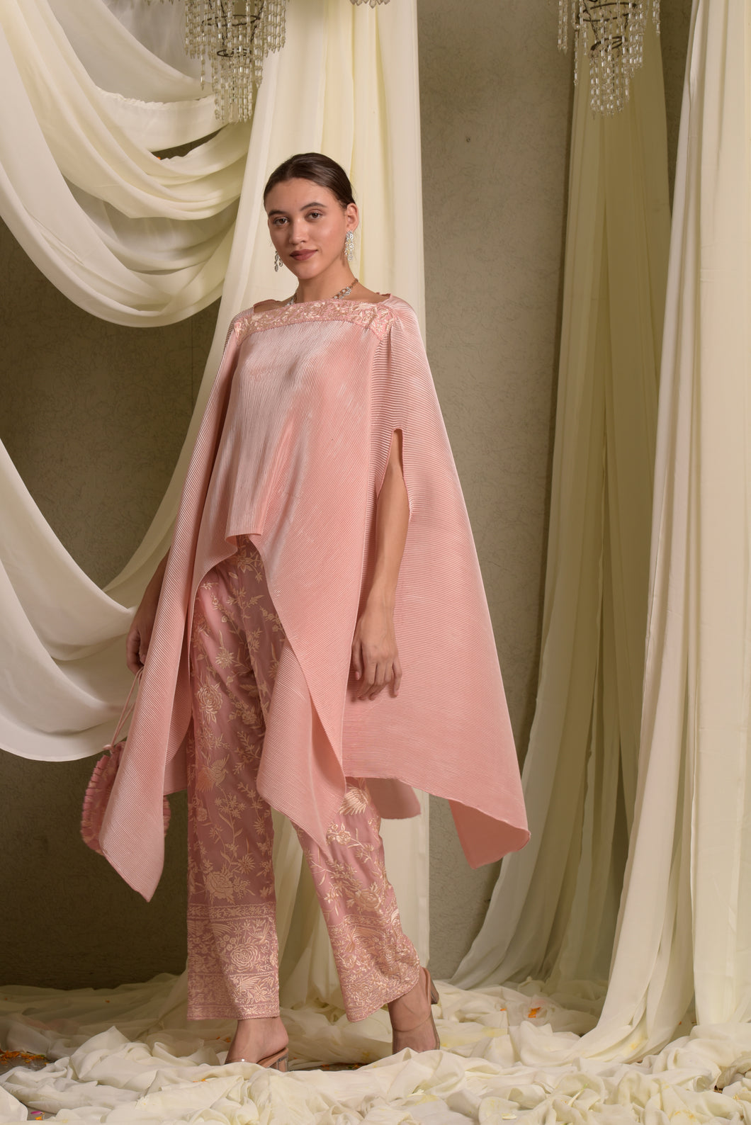 Reyna Gara Glazed Pleated Cape Coordinated with Slit Pants- Pastel Pink