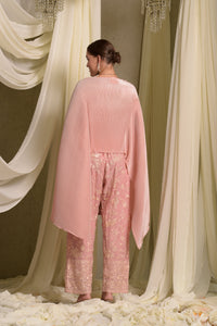 Reyna Gara Glazed Pleated Cape Coordinated with Slit Pants- Pastel Pink