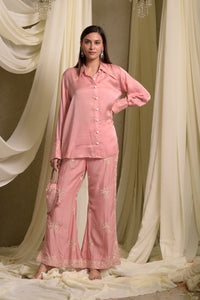 Reyna Gara Glazed  Shirt With Slit Pants- Pastel Pink