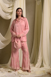 Reyna Gara Glazed  Shirt With Slit Pants- Pastel Pink