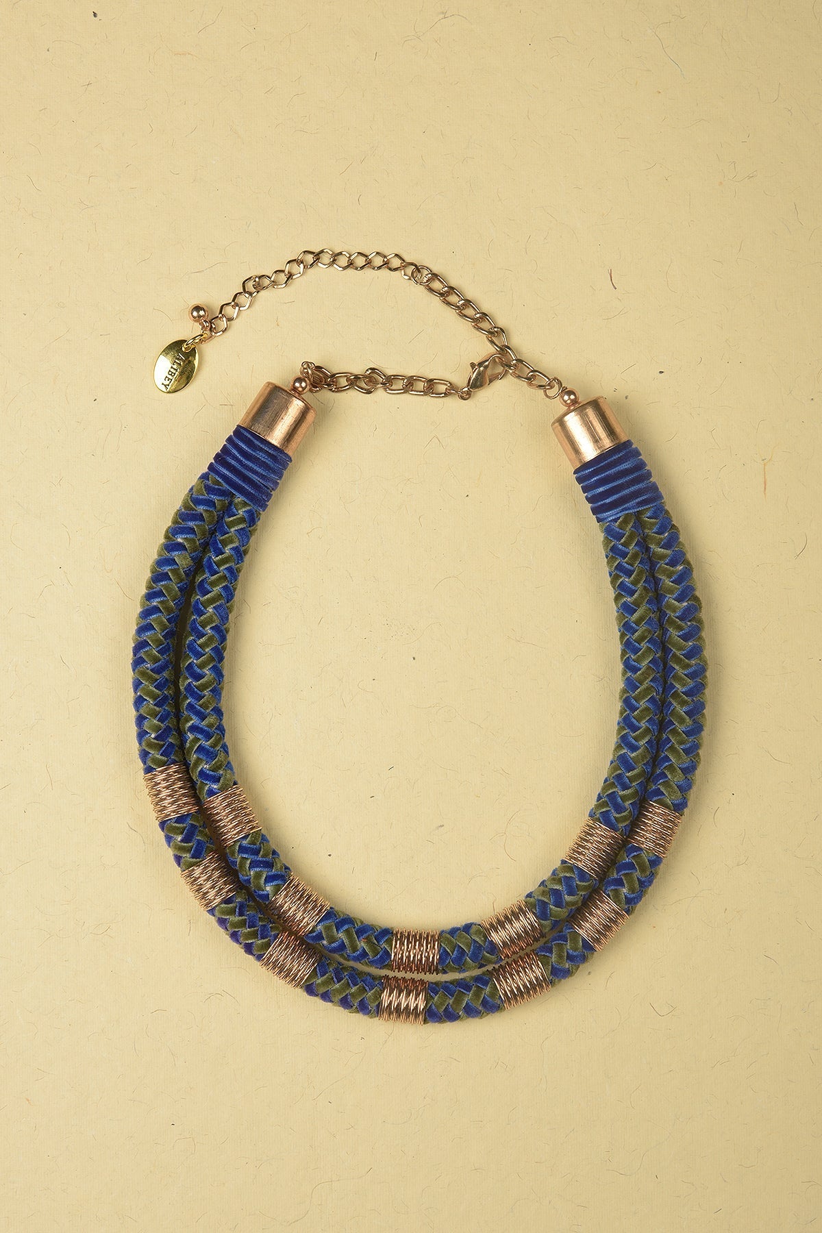 Blue &amp; Dark Green Necklace made of Jute, Suede and Plated Iron Rings