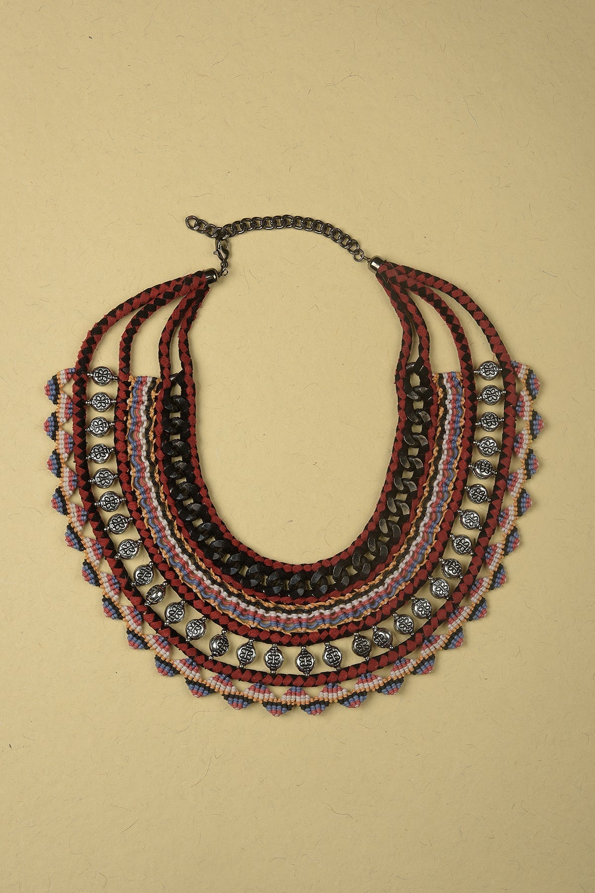 Necklace made of Black Iron Chains, Beads, Suede and Multicolour Threads