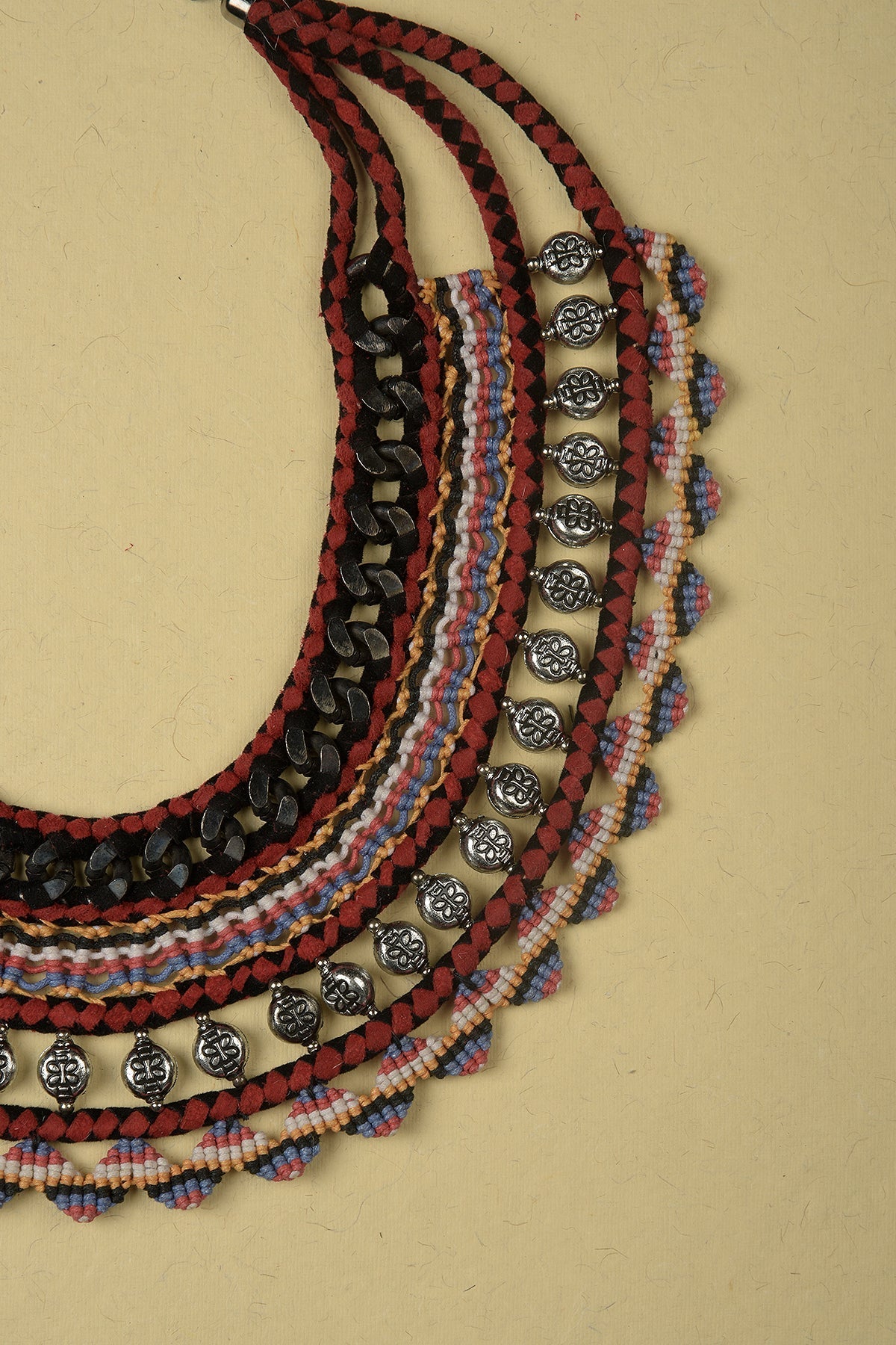 Necklace made of Black Iron Chains, Beads, Suede and Multicolour Threads