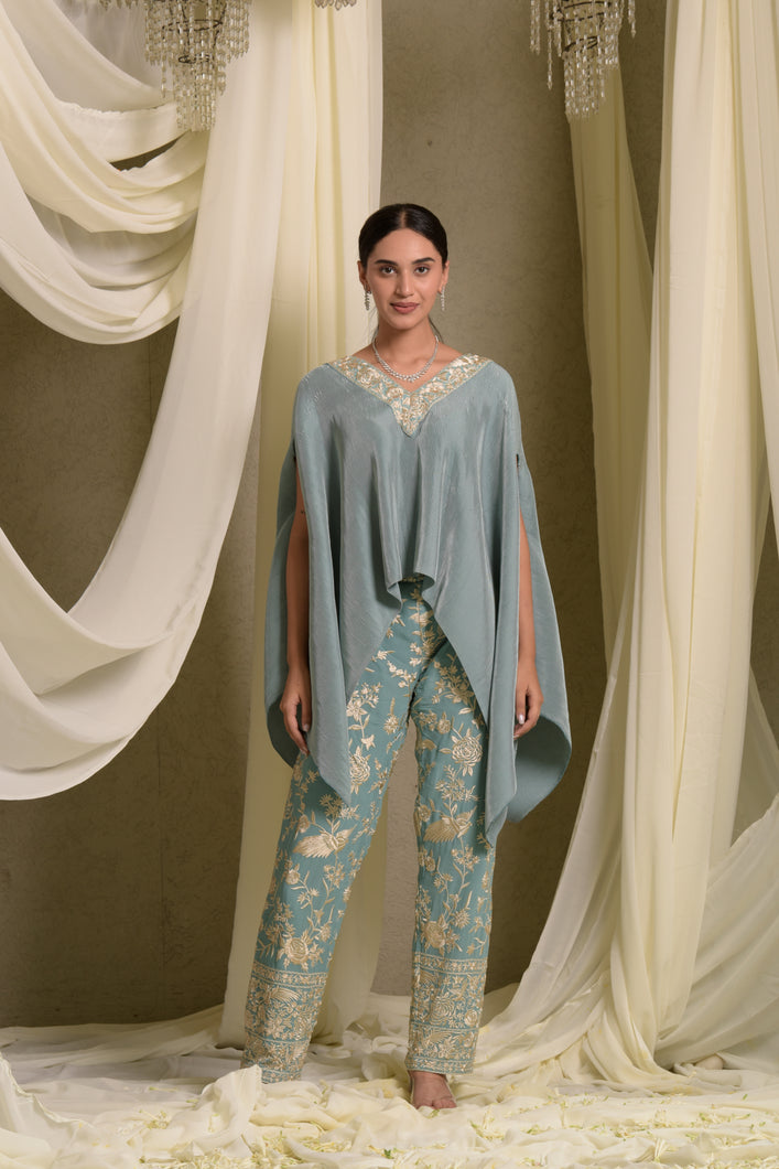 Reyna Gara Glazed Embroidered Pleated V- Neck Cape Coordinated with Straight Pants - Mint