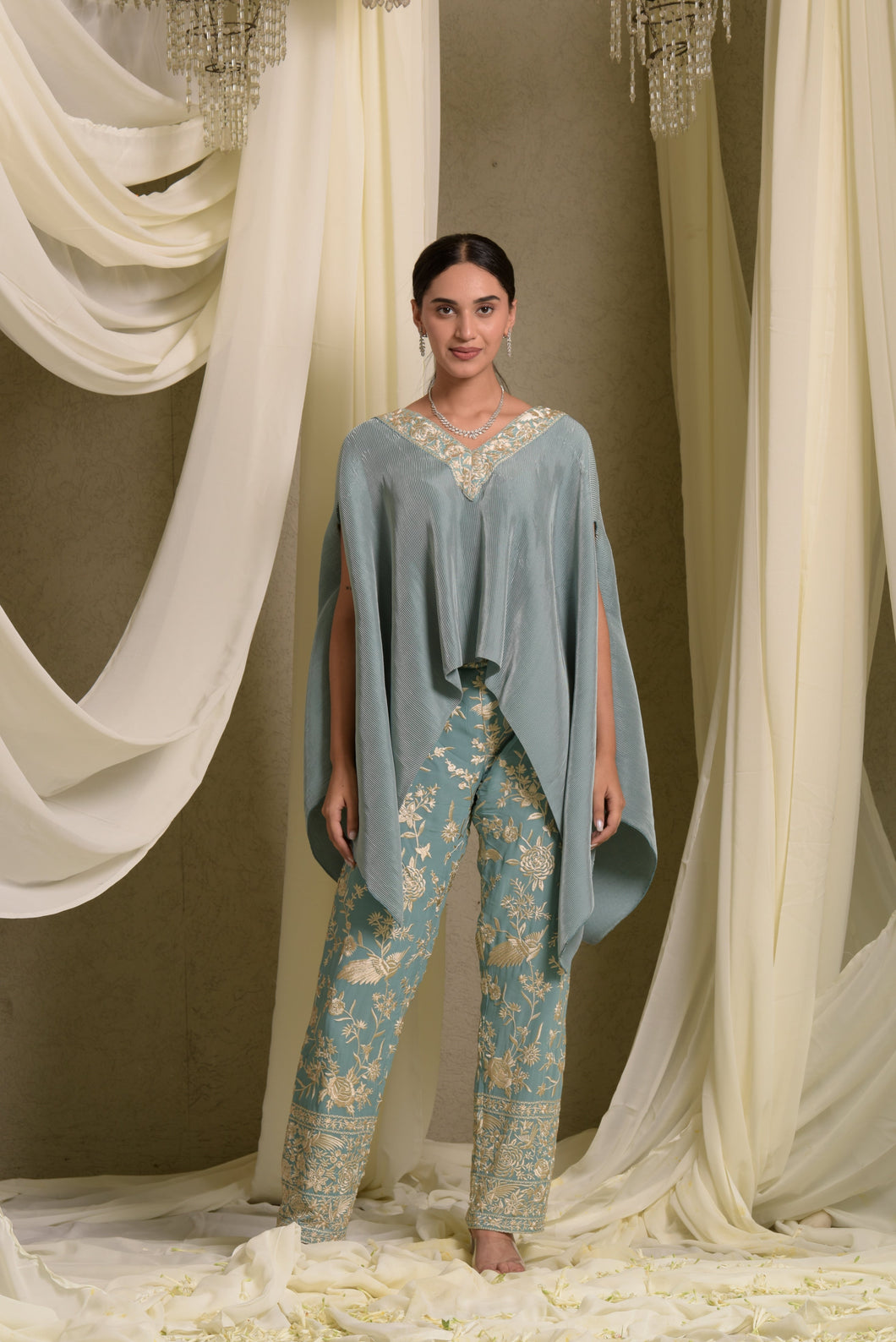 Reyna Gara Glazed Embroidered Pleated V- Neck Cape Coordinated with Straight Pants - Mint