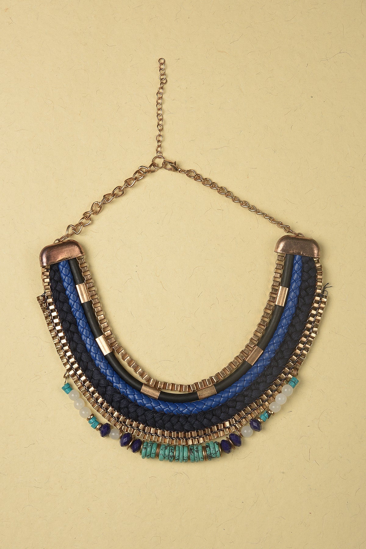 Necklace made of Box Chain, Threads, Suede, Metal Pipes, Beads, Stones and Iron Chain