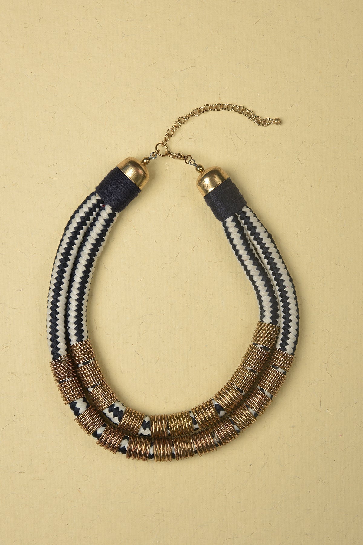 White &amp; Dark Blue Necklace made of Jute, Suede and Plated Iron Rings