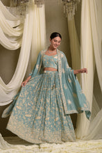 Load image into Gallery viewer, Reyna Gara Glazed Ghagra With Pearl Blouse And Cape - Mint