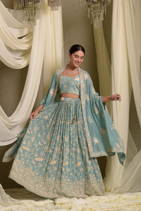 Reyna Gara Glazed Ghagra With Pearl Blouse And Cape - Mint