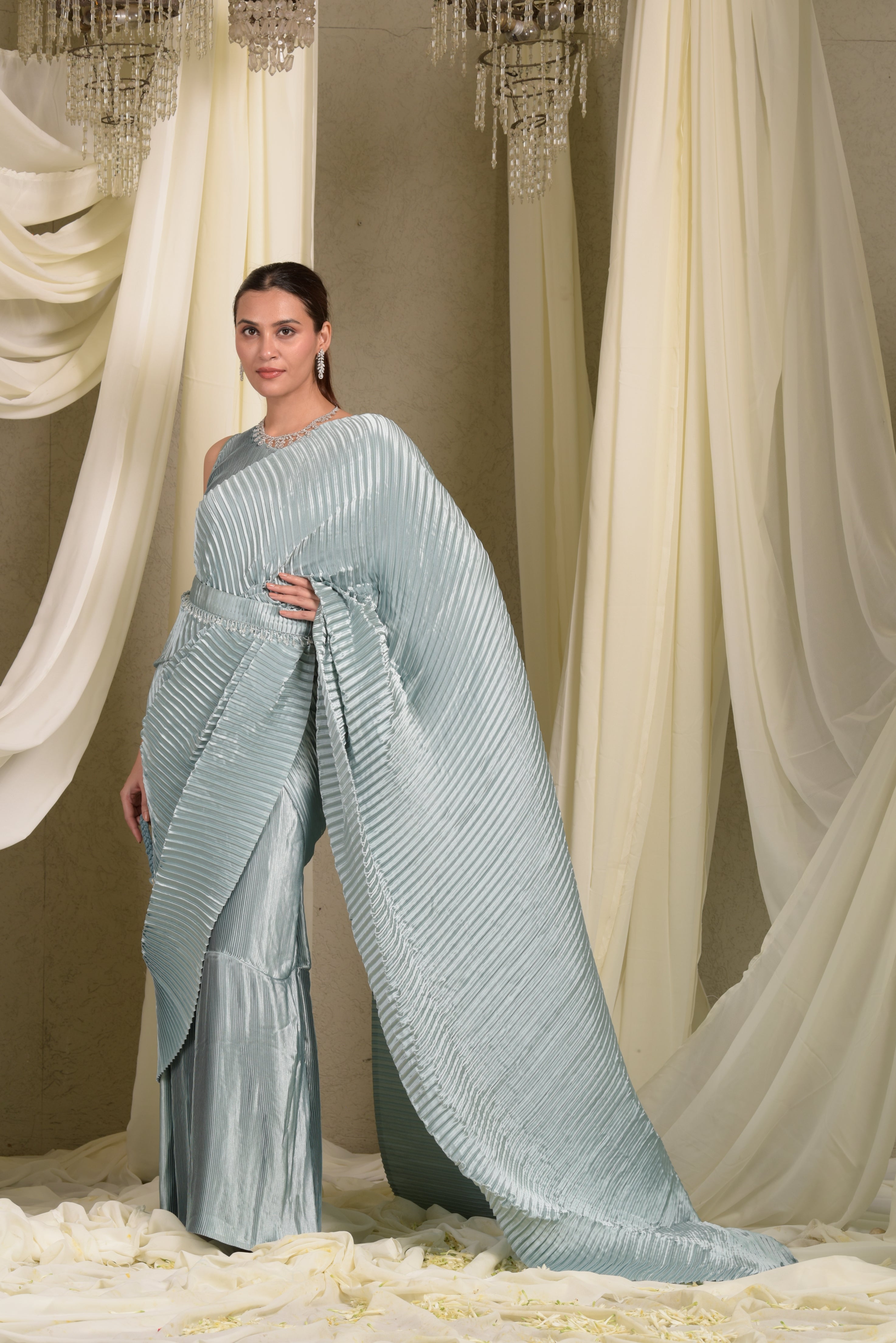 Classy Pleated Gown Saree - Powder Blue