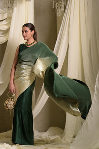 Idylic Adorned Gown Saree With Umbrous Palla - Emerald Green