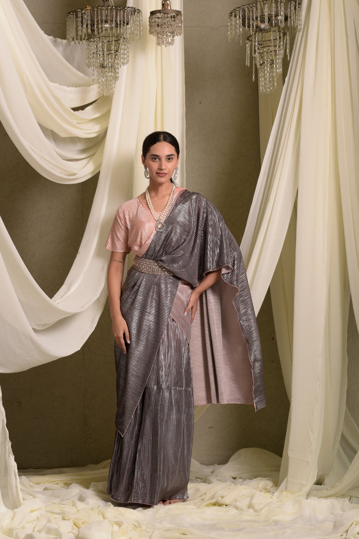 Metallic Pleated Gown Saree With Ombre Palla - Peach Grey