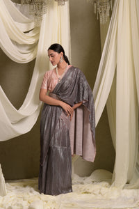 Metallic Pleated Gown Saree With Ombre Palla - Peach Grey