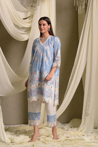 Myra Mesh Floral Lace Kurta with Pants - Blue Daffodil