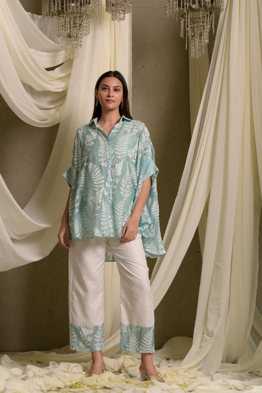 Elahe Embroidered Rowan Shirt with Pants - Aqua Blue