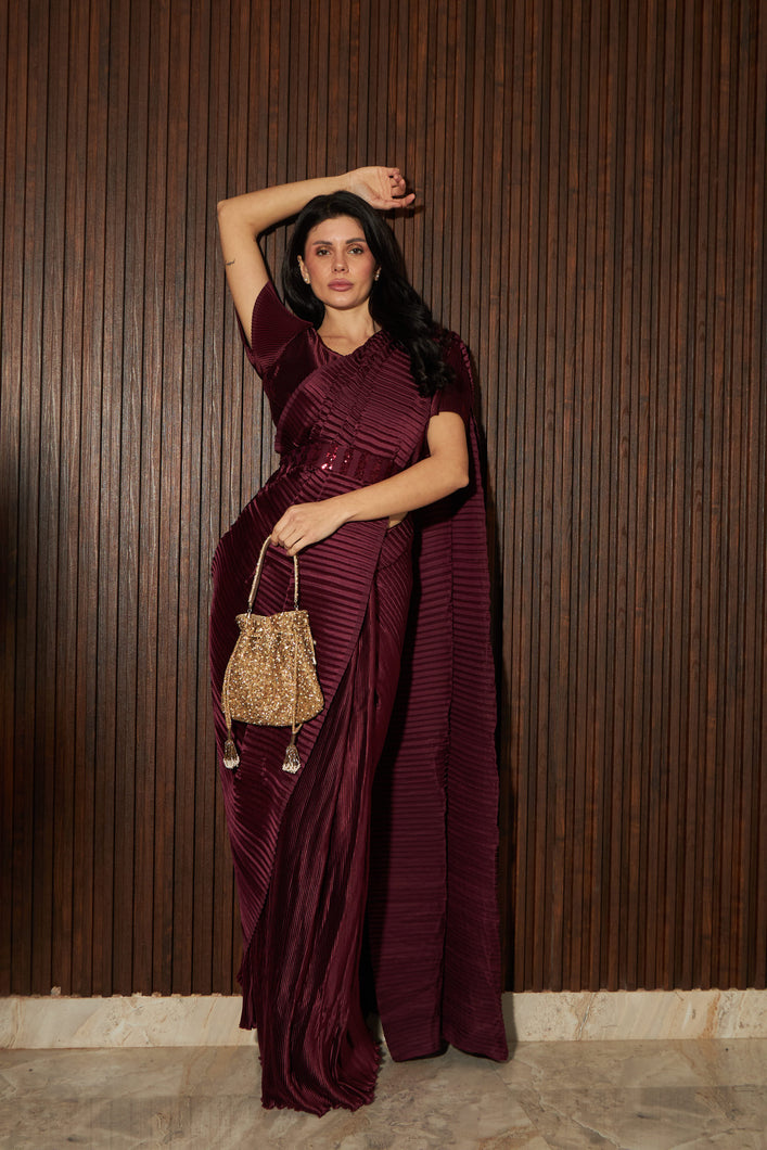 Scintillating Sewed Pleated Saree With Pleated Blouse - Wine