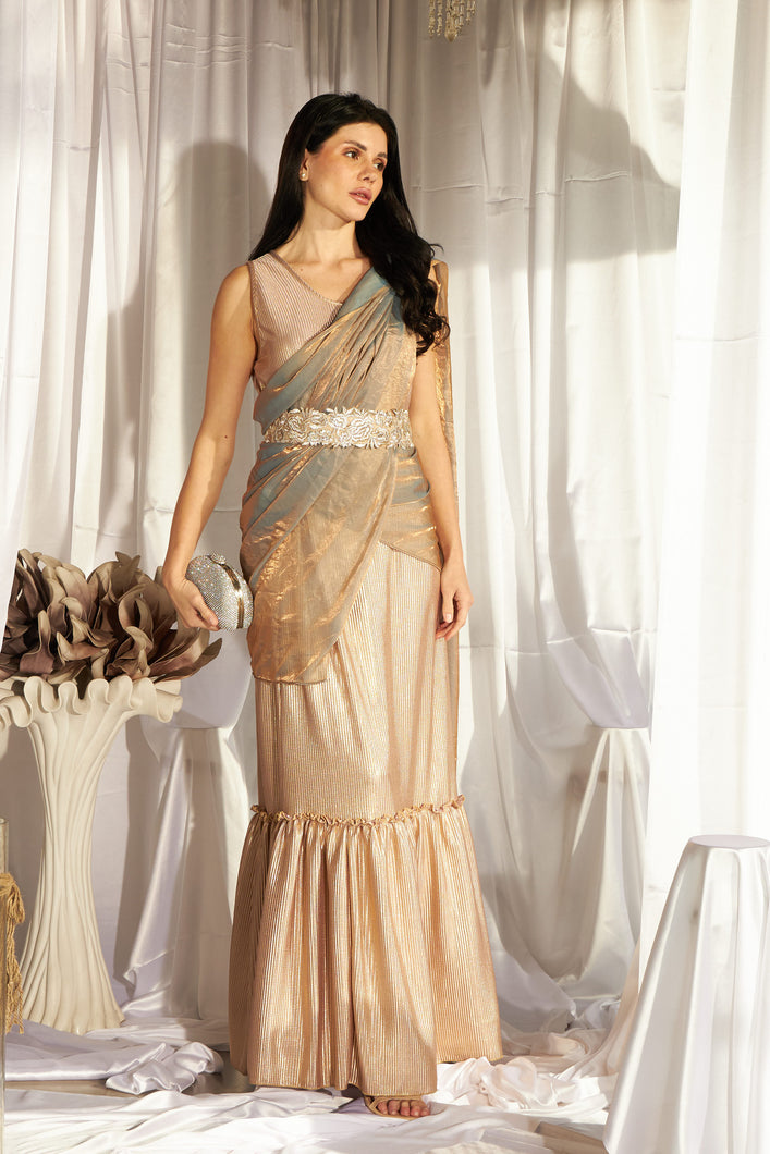 Magnificent Metallic Gown Saree with Liquid Tissue Palla - Blush